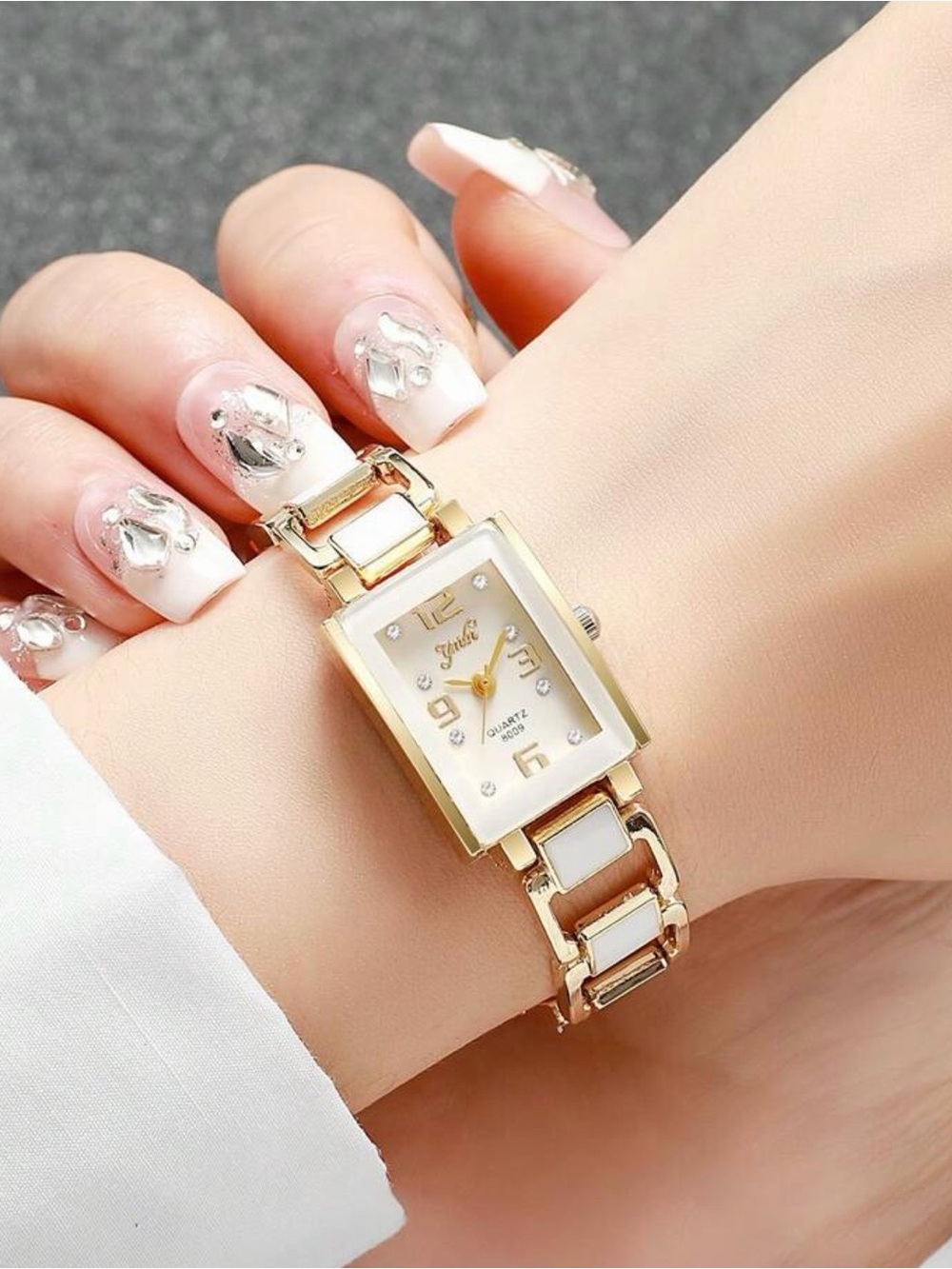 Gold and White Rectangular Bracelet Watch